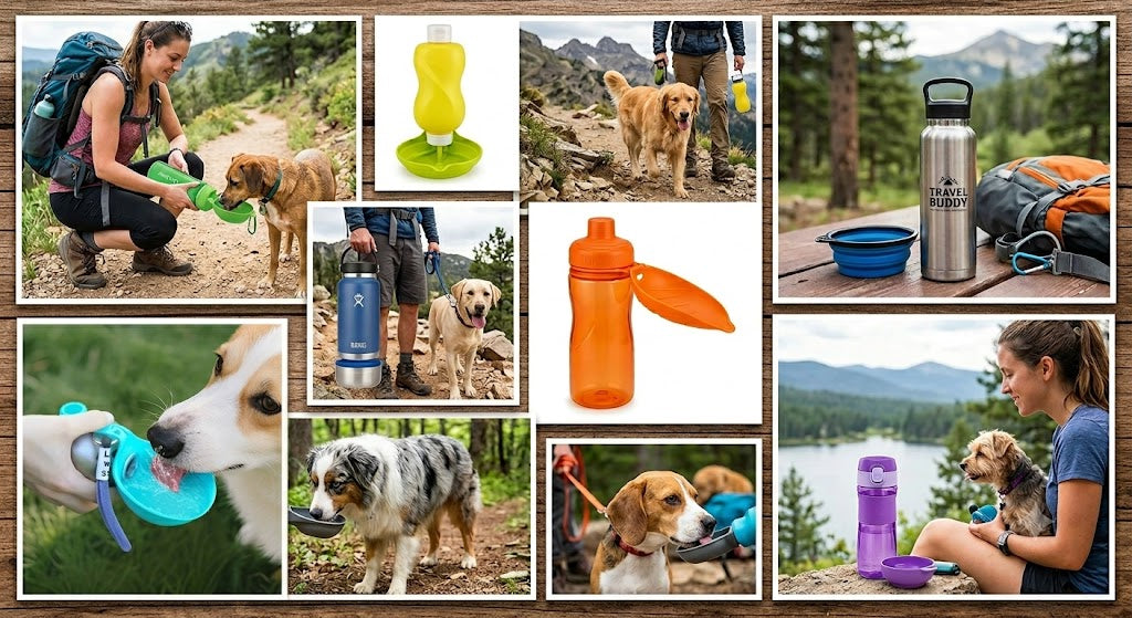 Collage of portable stainless steel and travel dog water bottles for walking, hiking, and outdoor use